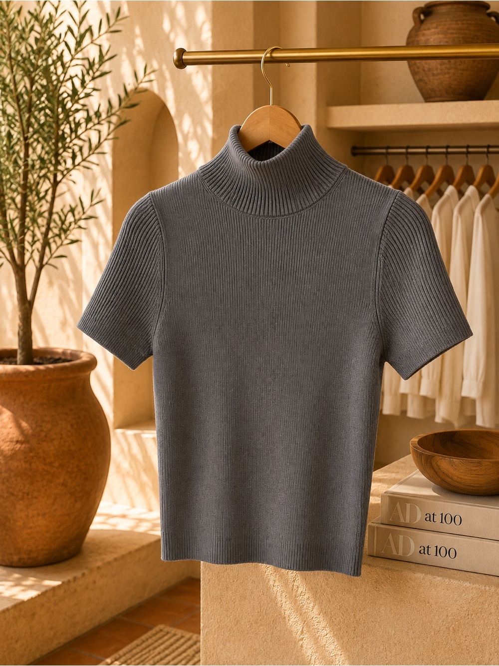 ZARA Gray Ribbed Mock Neck Short Sleeve Knit Top Size S – New